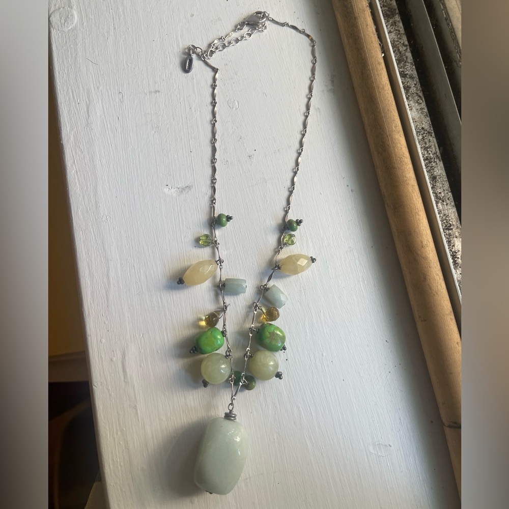 VTG Elegant Sterling Silver Necklace with Green turquoise & other real gemstones